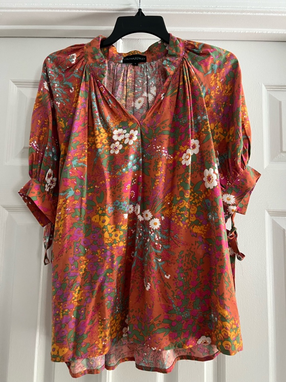 Rafaella Rust Multi Floral Split V-Neck Tie-Sleeve Blouse